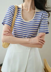 Slim Fit Blue U Neck Striped Patchwork Ice Silk Knit Top Short Sleeve