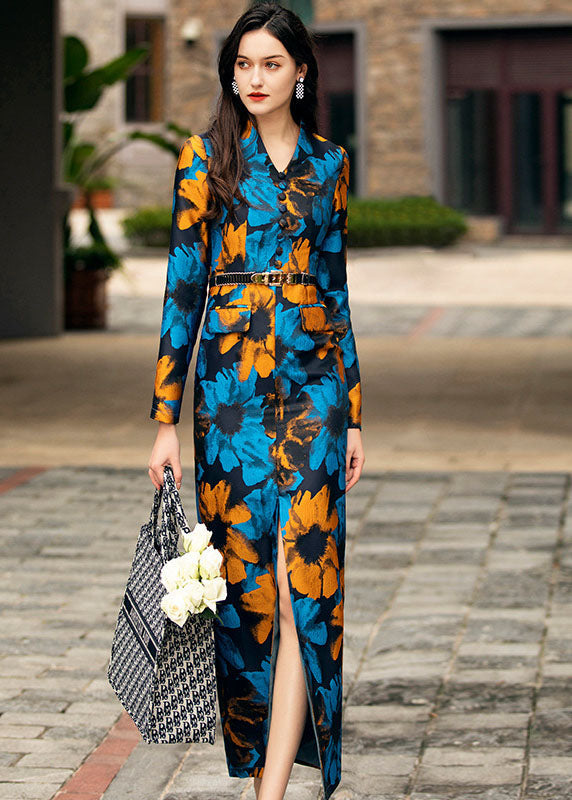 Slim Fit Blue V Neck Print Side Open Silk Wrap Dresses Spring