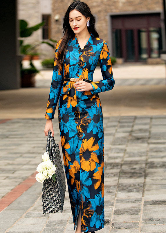 Slim Fit Blue V Neck Print Side Open Silk Wrap Dresses Spring