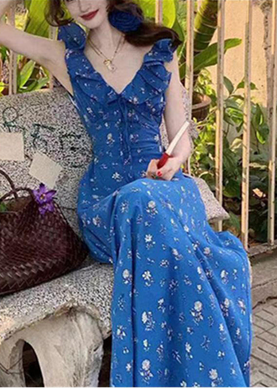 Slim Fit Blue V Neck Ruffled Patchwork Maxi Dress Summer