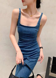 Slim Fit Blue Zip Up Side Open Denim Dress Sleeveless