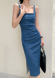 Slim Fit Blue Zip Up Side Open Denim Dress Sleeveless