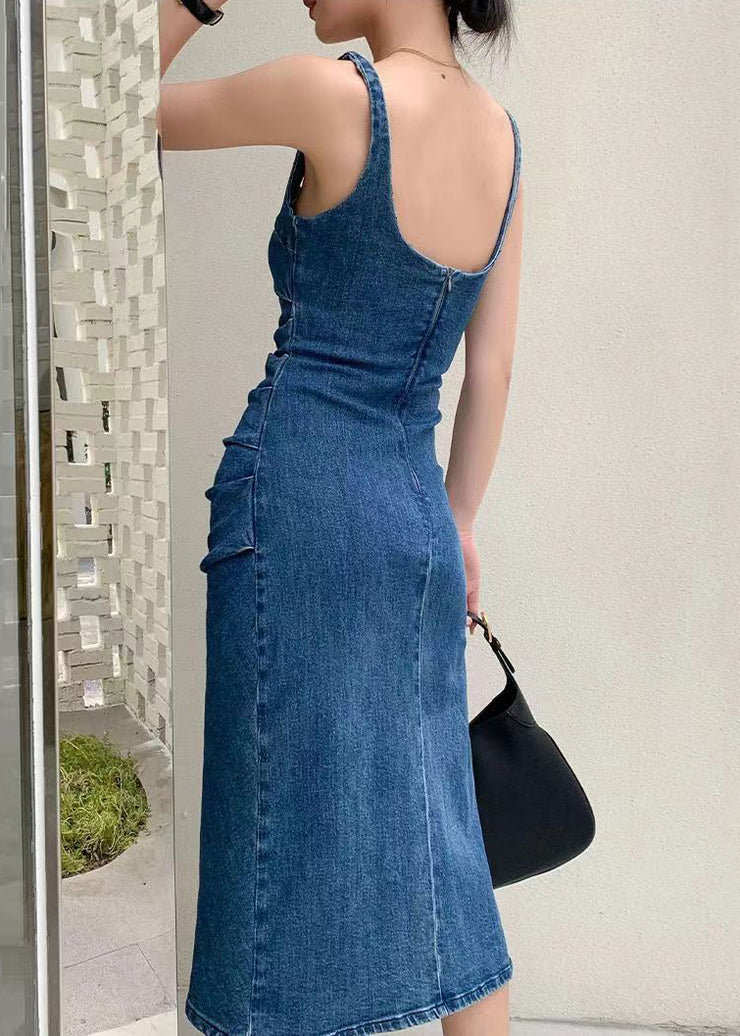 Slim Fit Blue Zip Up Side Open Denim Dress Sleeveless