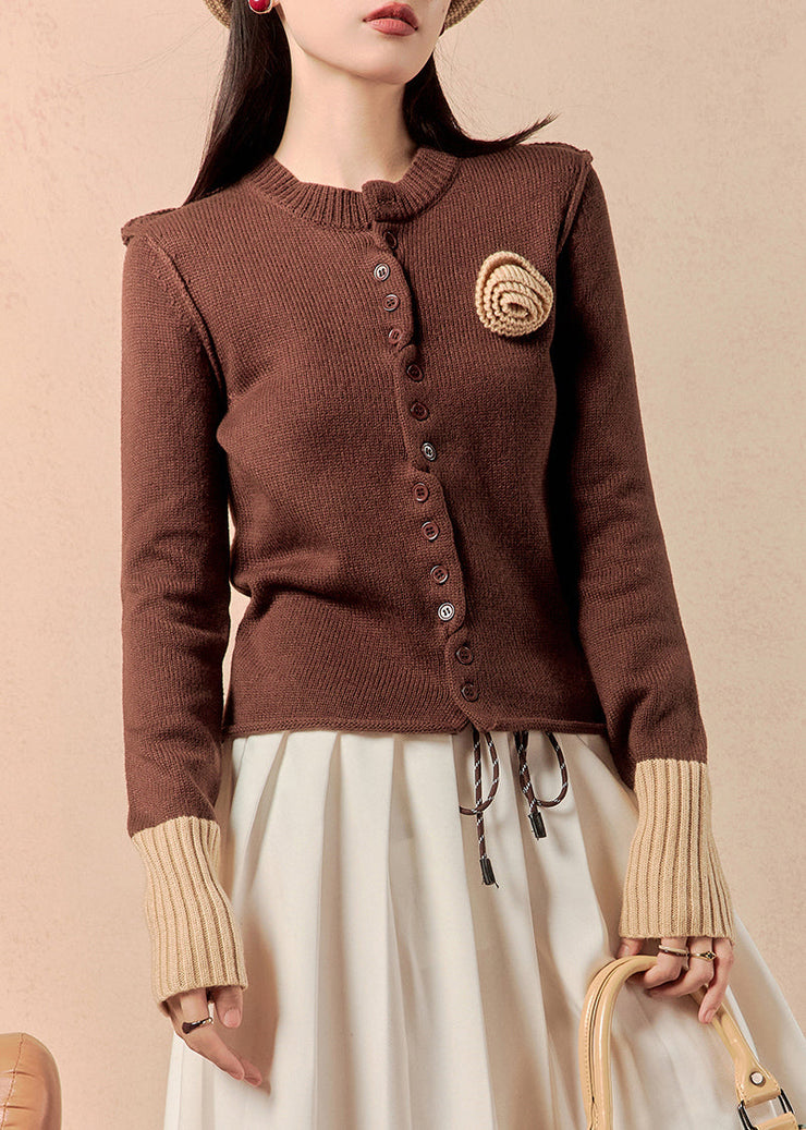 Slim Fit Brown Button Patchwork Knit Sweaters Winter