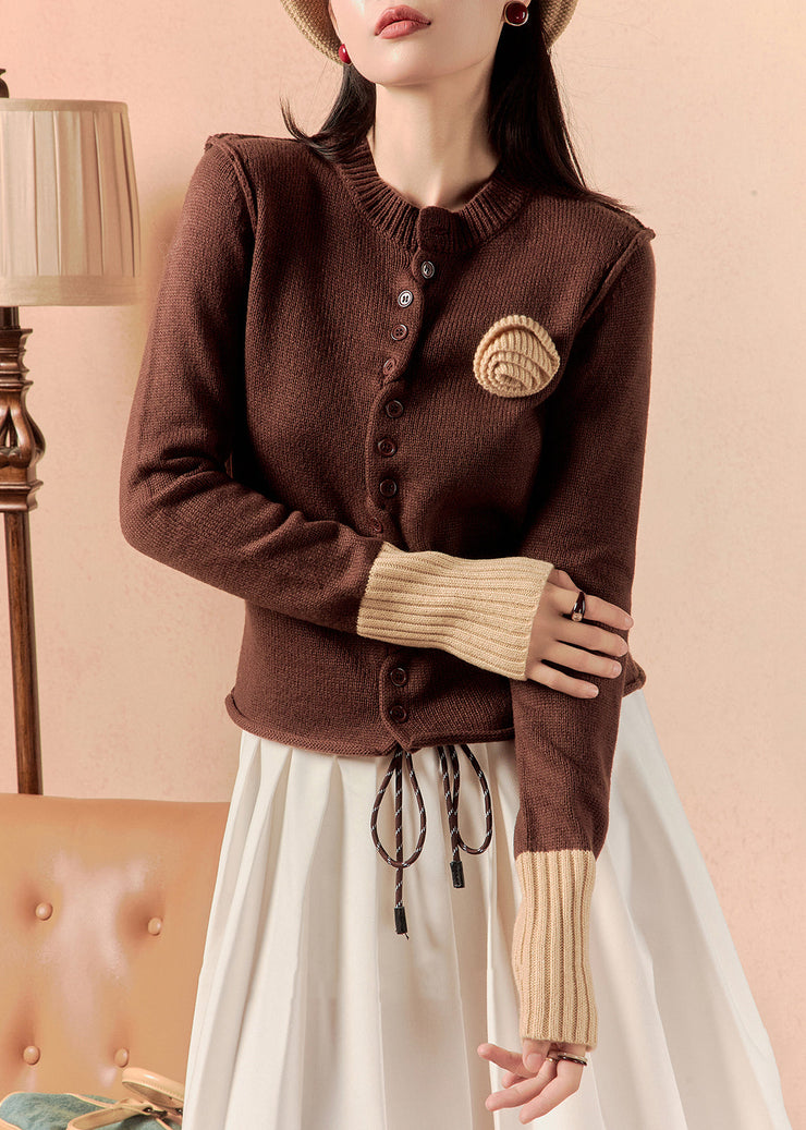 Slim Fit Brown Button Patchwork Knit Sweaters Winter