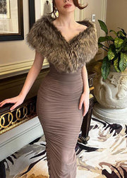 Slim Fit Brown Fur Collar Wrinkled Patchwork Cotton Long Dress Sleeveless