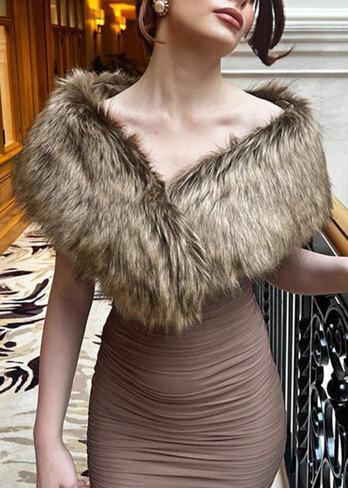 Slim Fit Brown Fur Collar Wrinkled Patchwork Cotton Long Dress Sleeveless