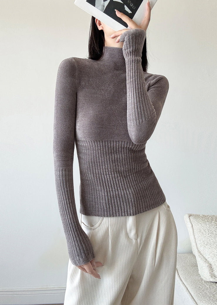 Slim Fit Brown Hign Neck Patchwork Knit Sweaters Winter