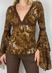 Slim Fit Brown V Neck Patchwork Lace Top Flare Sleeve