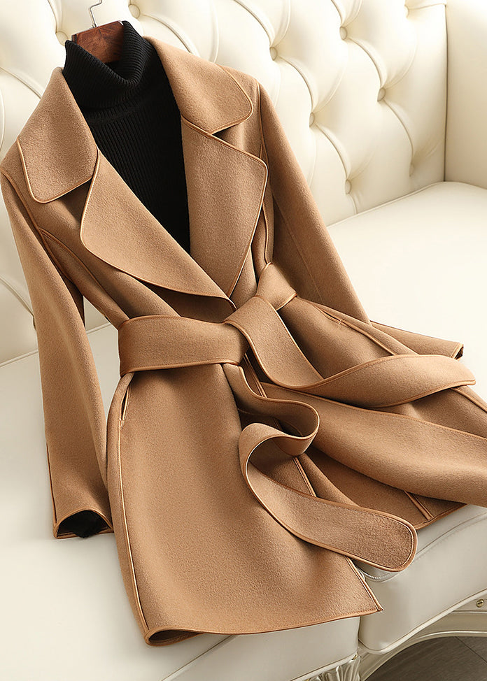 Slim Fit Camel Notched Tie Waist Woolen Coats Fall