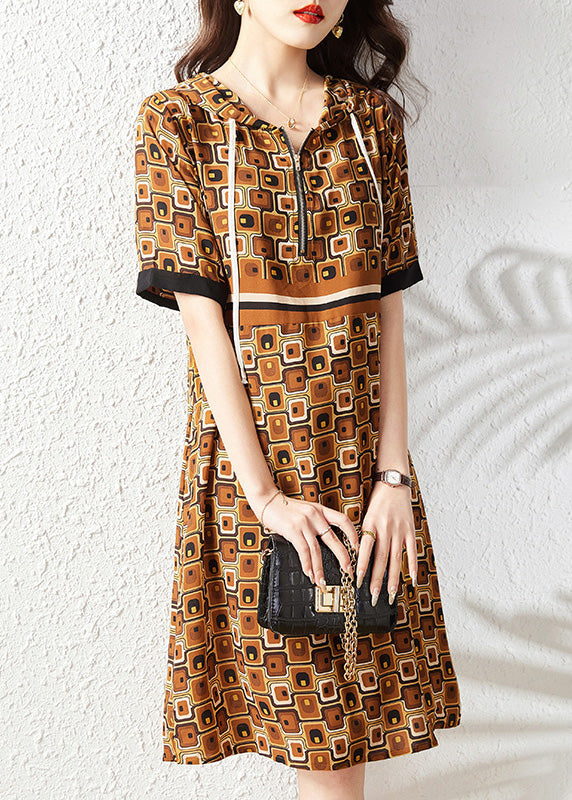 Slim Fit Coffee Print Zippered Hooded Chiffon Maxi Dress Summer