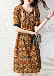 Slim Fit Coffee Print Zippered Hooded Chiffon Maxi Dress Summer