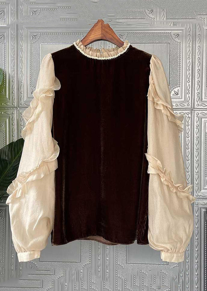 Slim Fit Coffee Ruffled Patchwork Silk Velour Top Long Sleeve