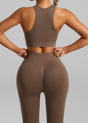 Slim Fit Coffee Solid Sports Bra And Seamless Yoga Pants Leggings Set Suit