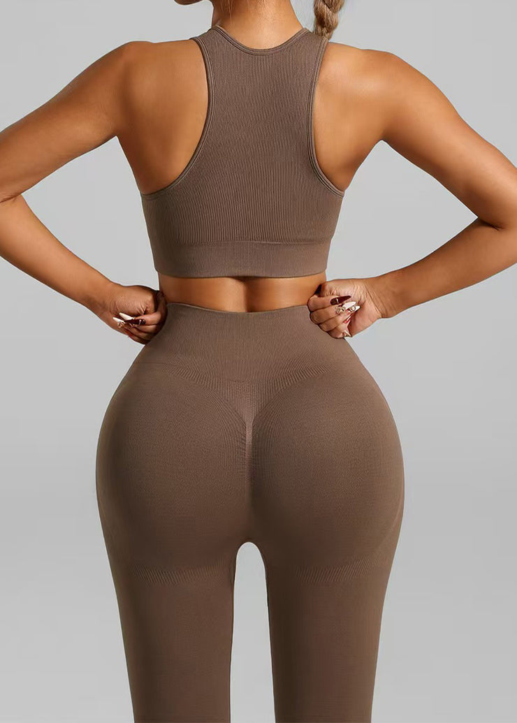 Slim Fit Coffee Solid Sports Bra And Seamless Yoga Pants Leggings Set Suit