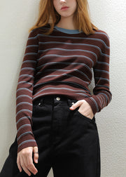 Slim Fit Coffee Striped Patchwork Cozy Knit Tops Fall