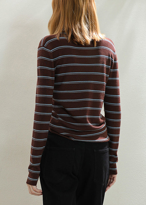 Slim Fit Coffee Striped Patchwork Cozy Knit Tops Fall