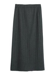 Slim Fit Dark Grey Elastic Waist Cotton Pleated Skirt Winter