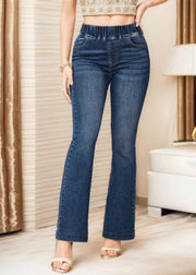 Slim Fit Denim Blue Pockets Elastic Waist Flare Bottoms Summer