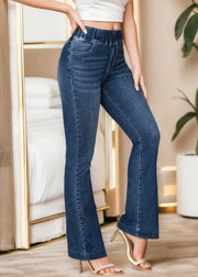 Slim Fit Denim Blue Pockets Elastic Waist Flare Bottoms Summer