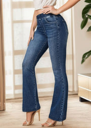 Slim Fit Denim Blue Pockets Elastic Waist Flare Bottoms Summer