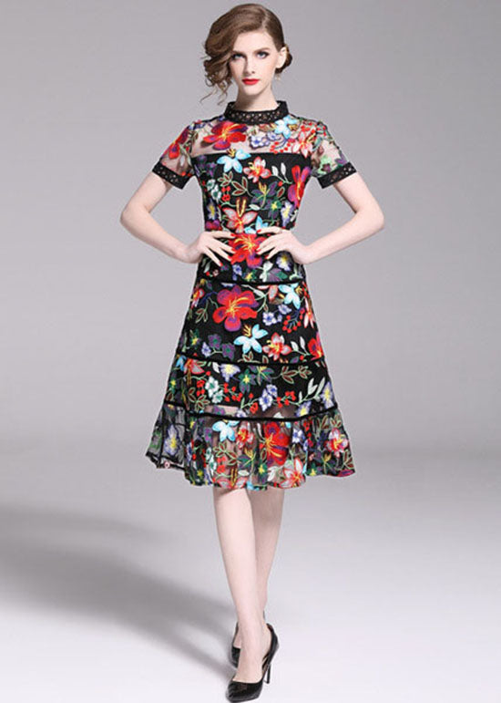 Slim Fit Floral Embroideried Patchwork Tulle Mid Dress Summer