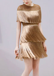 Slim Fit Gold O-Neck Tassel Silk Mid Dress Short Sleeve