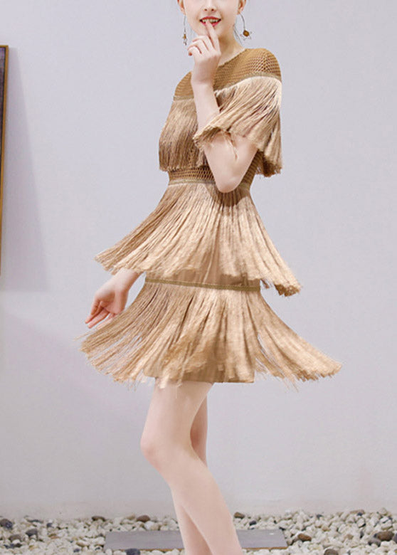 Slim Fit Gold O-Neck Tassel Silk Mid Dress Short Sleeve