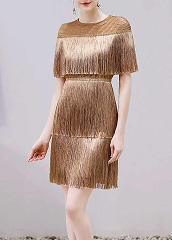 Slim Fit Gold O-Neck Tassel Silk Mid Dress Short Sleeve