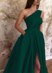 Slim Fit Green Cold Shoulder Side Open Cotton Dress Sleeveless
