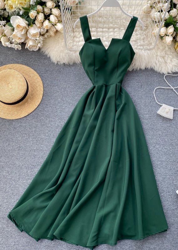 Slim Fit Green Cold Shoulder Solid Cotton Spaghetti Strap Dress Sleeveless