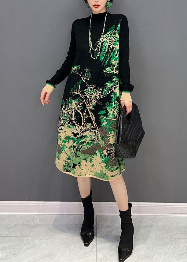 Slim Fit Green Hign Neck Print Knit Dress Winter