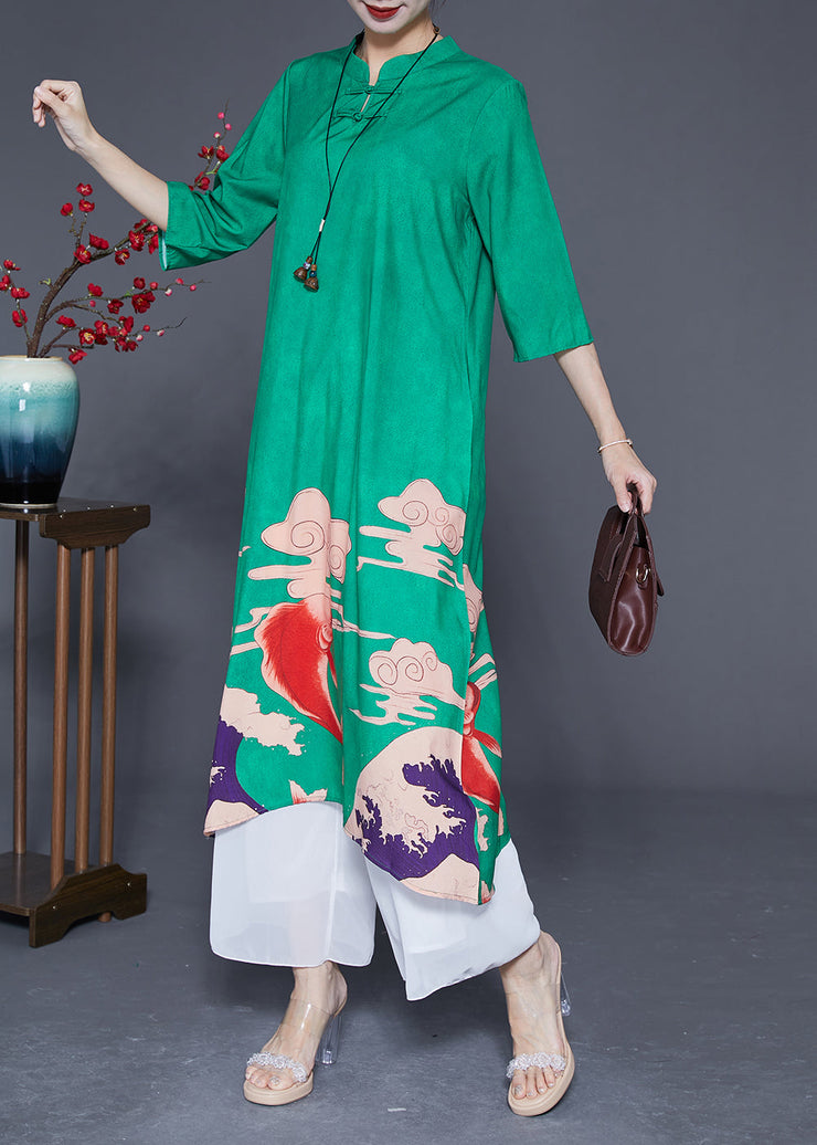 Slim Fit Green Mandarin Collar Chinese Button Print Silk Dresses Summer