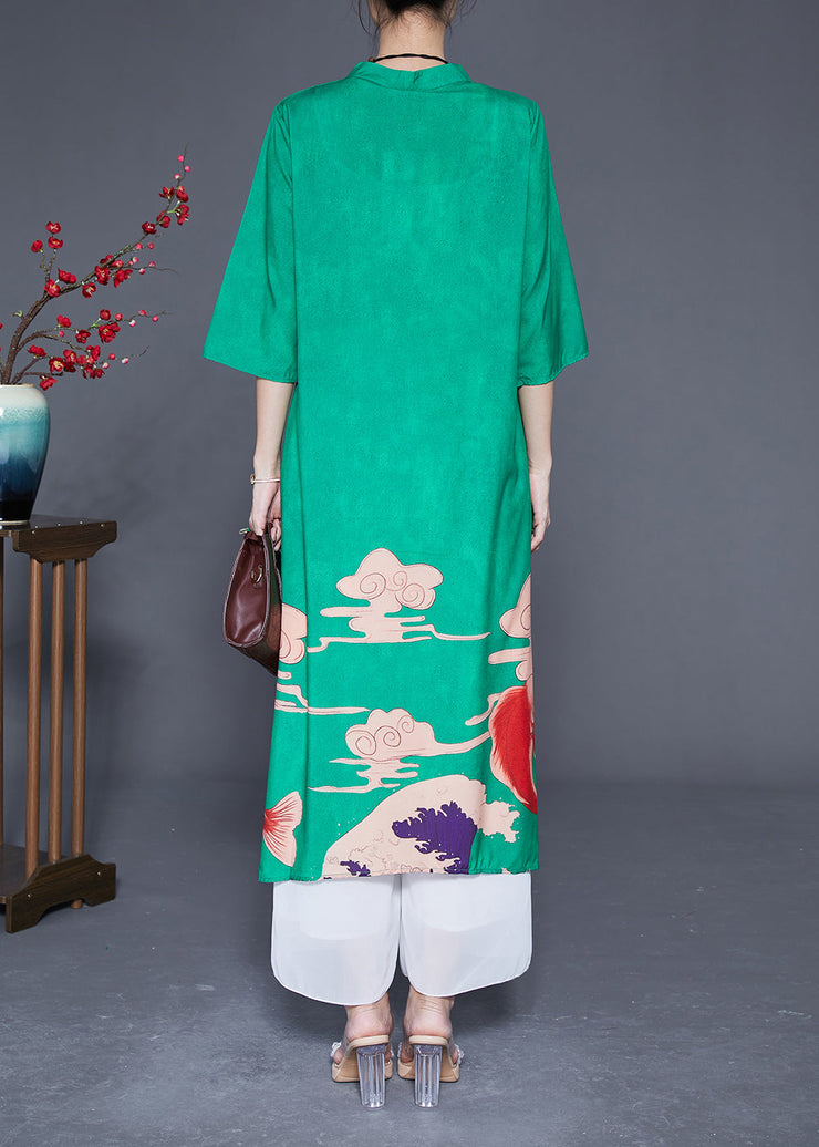 Slim Fit Green Mandarin Collar Chinese Button Print Silk Dresses Summer