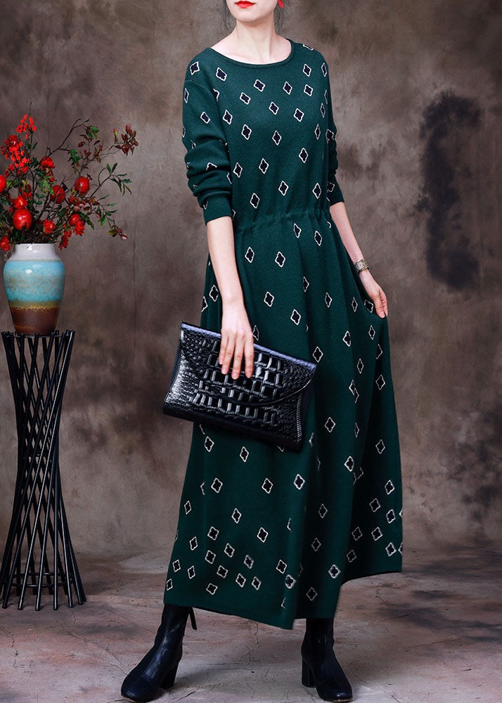 Slim Fit Green O-Neck Drawstring Print Knit Long Dress Long Sleeve