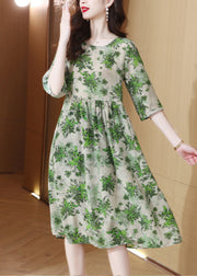 Slim Fit Green O-Neck Print Wrinkled Silk Maxi Dress Half Sleeve