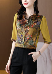 Slim Fit Green Peter Pan Collar Patchwork Print Silk Shirts Half Sleeve