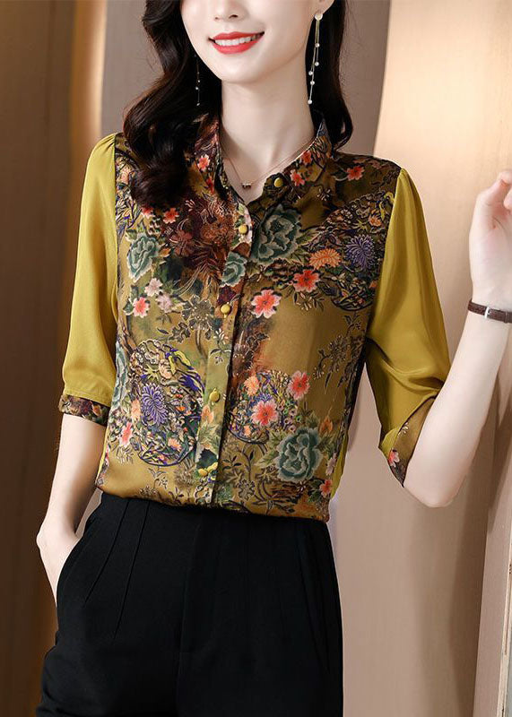 Slim Fit Green Peter Pan Collar Patchwork Print Silk Shirts Half Sleeve