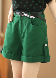 Slim Fit Green Solid Color High Waist Pockets Sashes Cotton Shorts Summer