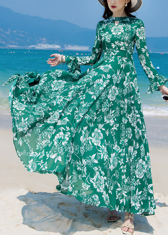 Slim Fit Green Turtleneck Print Chiffon Long Beach A Line Dresses Spring