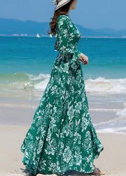 Slim Fit Green Turtleneck Print Chiffon Long Beach A Line Dresses Spring