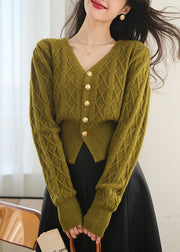 Slim Fit Green V Neck Button Knit Sweater Spring