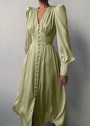 Slim Fit Green V Neck Wrinkled Silk Maxi Dress Puff Sleeve