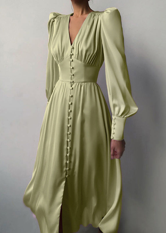 Slim Fit Green V Neck Wrinkled Silk Maxi Dress Puff Sleeve
