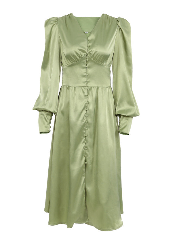 Slim Fit Green V Neck Wrinkled Silk Maxi Dress Puff Sleeve