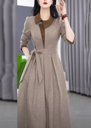 Slim Fit Grey Asymmetrical Tie Waist Maxi Dress Winter