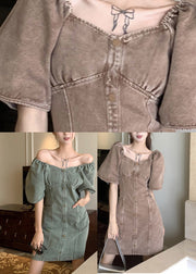 Slim Fit Grey Green Patchwork Button Denim Mid Dress Summer