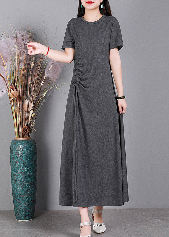 Slim Fit Grey O-Neck Cotton Long Dresses Short Sleeve