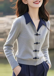 Slim Fit Grey Peter Pan Collar Button Knit Sweater Spring