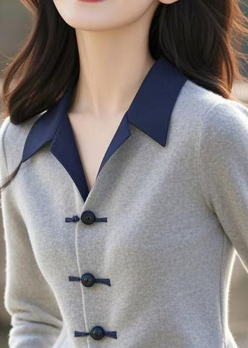 Slim Fit Grey Peter Pan Collar Button Knit Sweater Spring